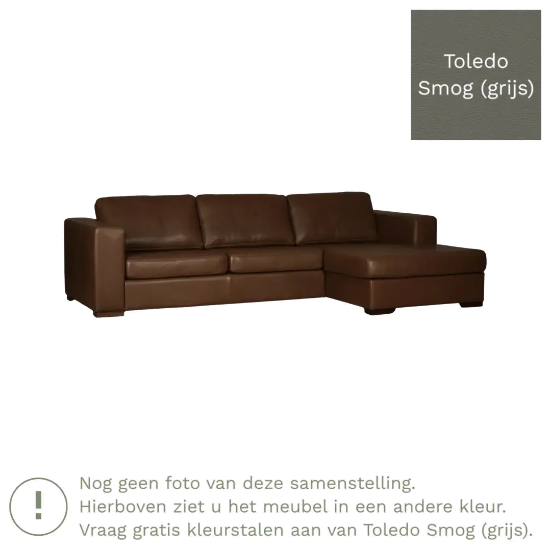 afbeelding van Leren hoekbank Flow - 3 zits arm links + longchair rechts - Toledo Smog (grijs) - Poten hout bruin