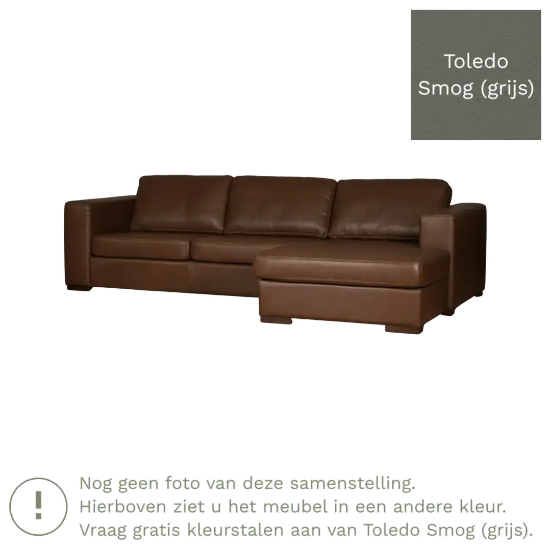 afbeelding van Leren hoekbank Flow - 3 zits arm links + longchair rechts - Toledo Smog (grijs) - Poten hout bruin