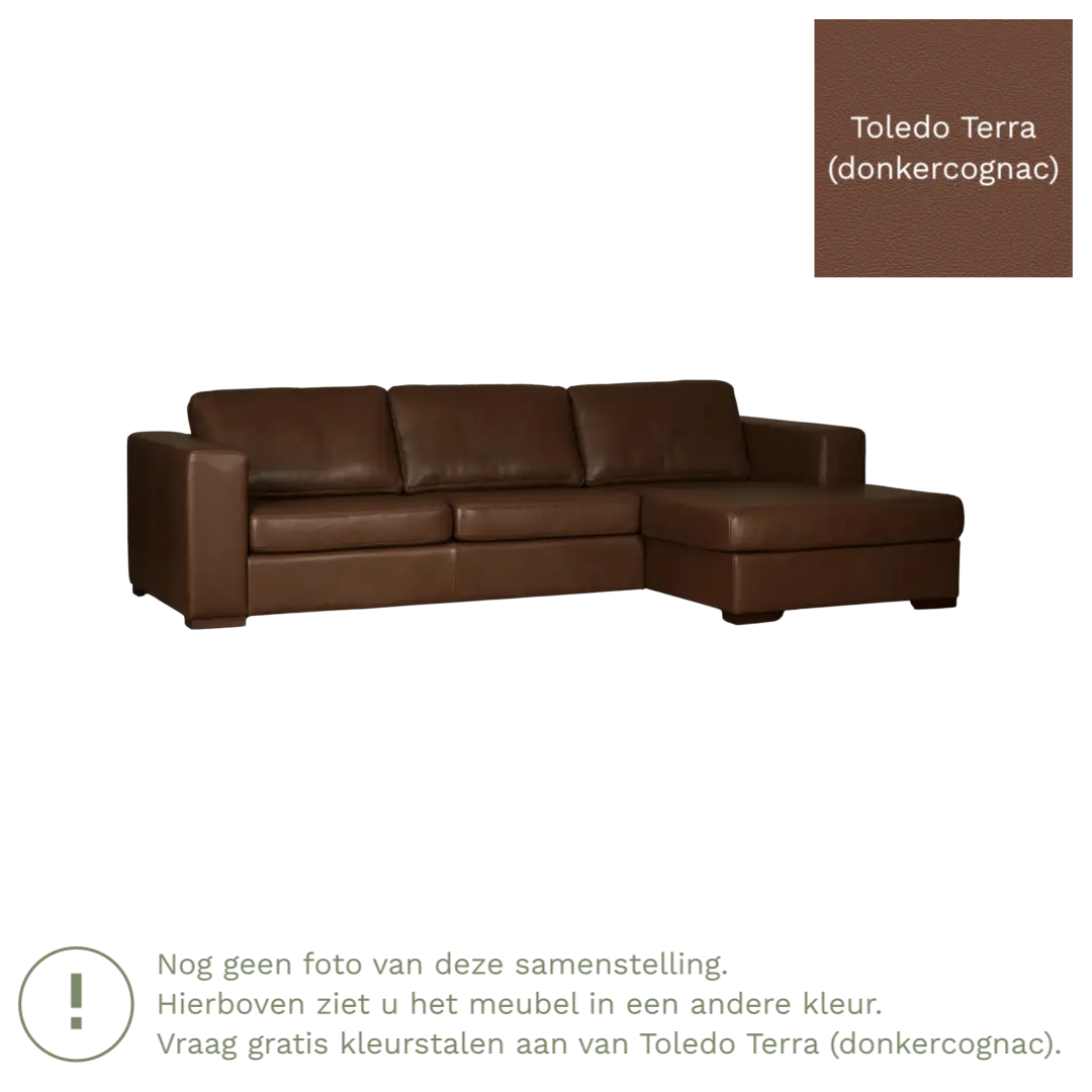 afbeelding van Leren hoekbank Flow - 3 zits arm links + longchair rechts - Toledo Terra (donkercognac) - Poten hout bruin