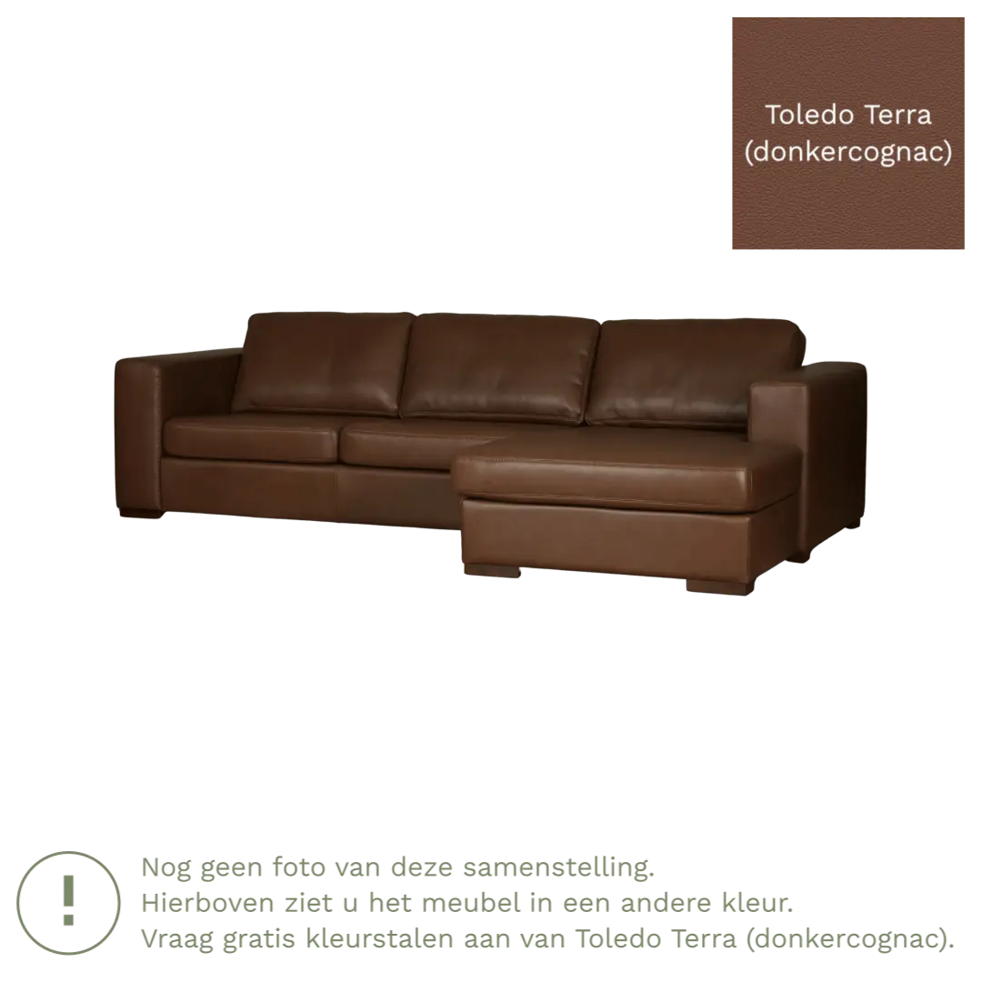 afbeelding van Leren hoekbank Flow - 3 zits arm links + longchair rechts - Toledo Terra (donkercognac) - Poten hout bruin