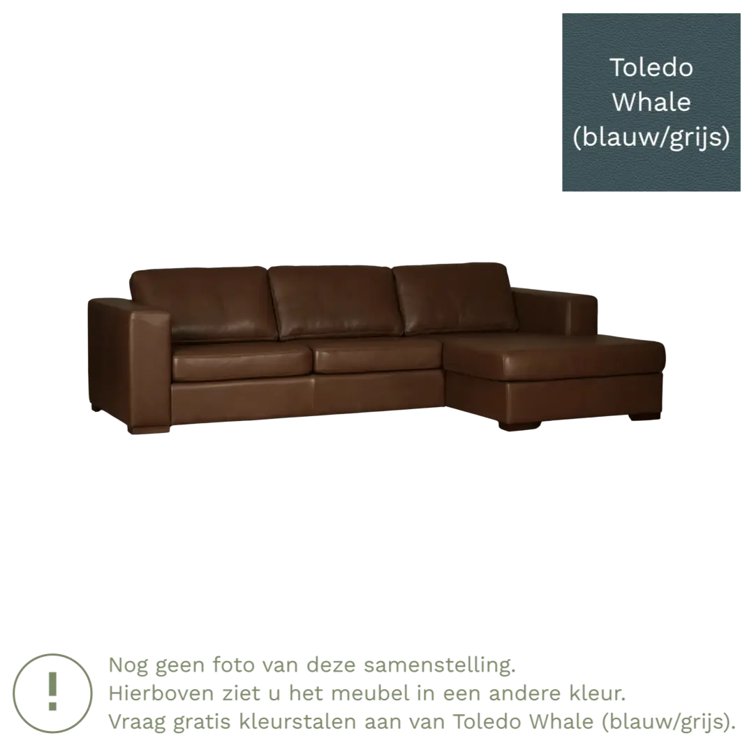 afbeelding van Leren hoekbank Flow - 3 zits arm links + longchair rechts - Toledo Whale (blauw/grijs) - Poten hout zwart