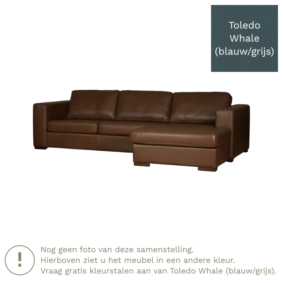 afbeelding van Leren hoekbank Flow - 3 zits arm links + longchair rechts - Toledo Whale (blauw/grijs) - Poten hout zwart