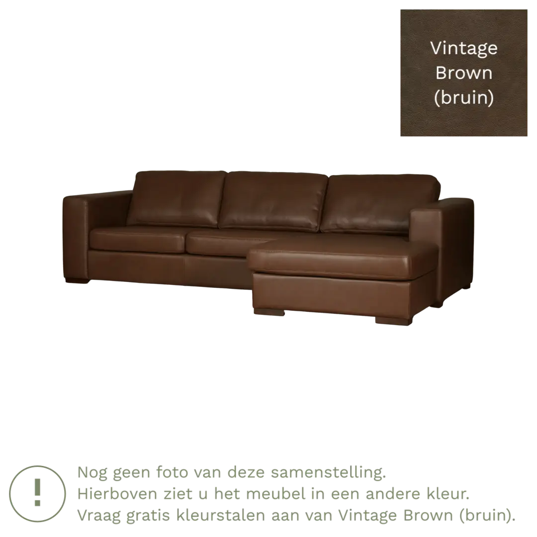 afbeelding van Leren hoekbank Flow - 3 zits arm links + longchair rechts - Vintage Brown (bruin) - Poten hout bruin