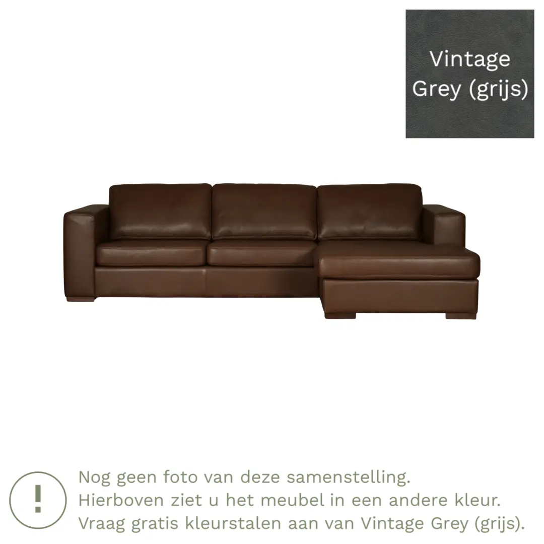 afbeelding van Leren hoekbank Flow - 3 zits arm links + longchair rechts - Vintage Grey (grijs) - Poten hout bruin