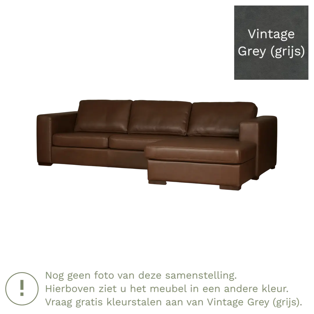 afbeelding van Leren hoekbank Flow - 3 zits arm links + longchair rechts - Vintage Grey (grijs) - Poten hout bruin