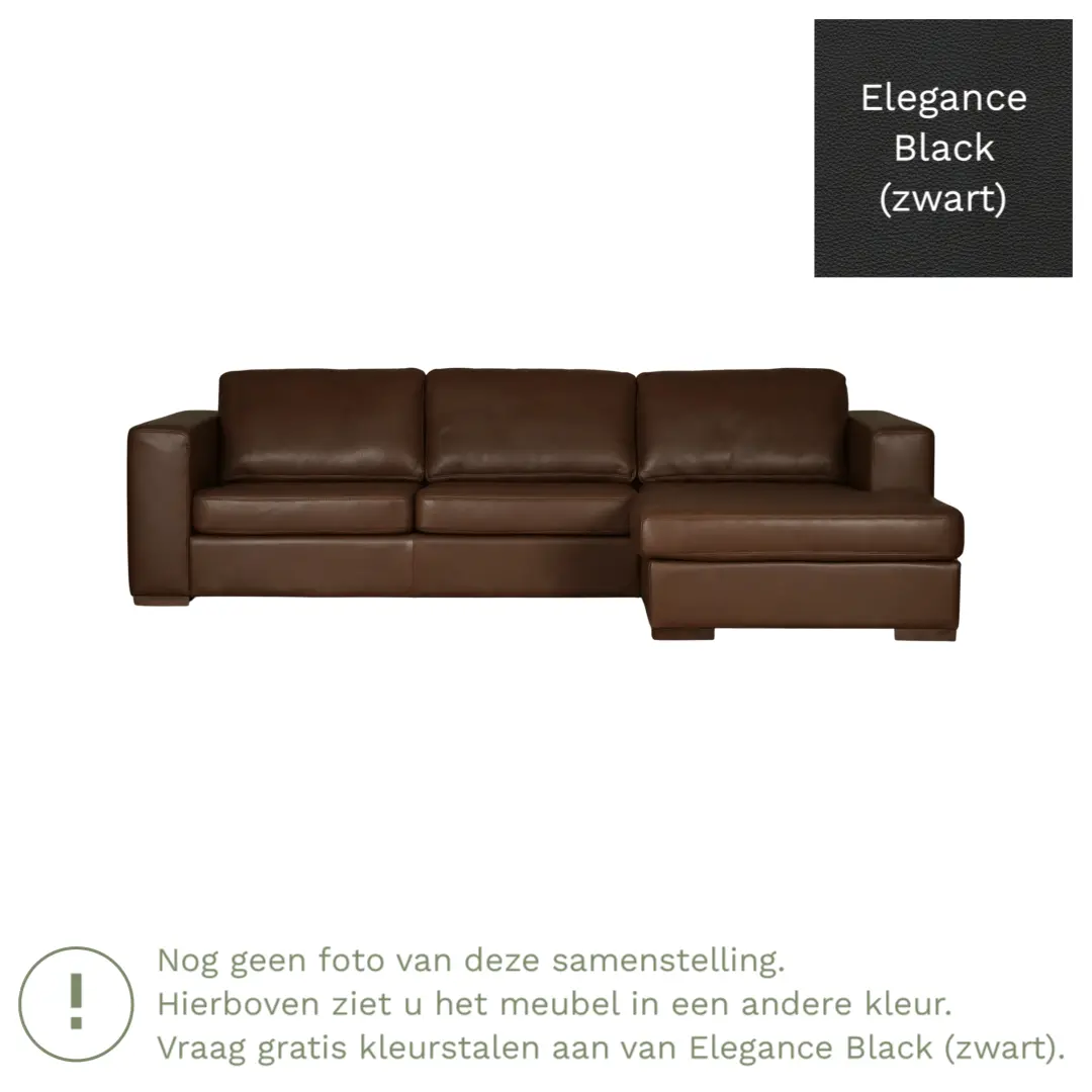 afbeelding van Leren hoekbank Flow - 3 zits arm rechts + longchair links - Elegance Black (zwart) - Poten hout bruin