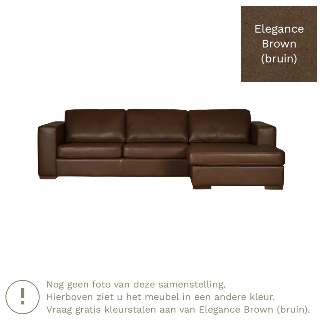afbeelding van Leren hoekbank Flow - 3 zits arm rechts + longchair links - Elegance Brown (bruin) - Poten hout bruin