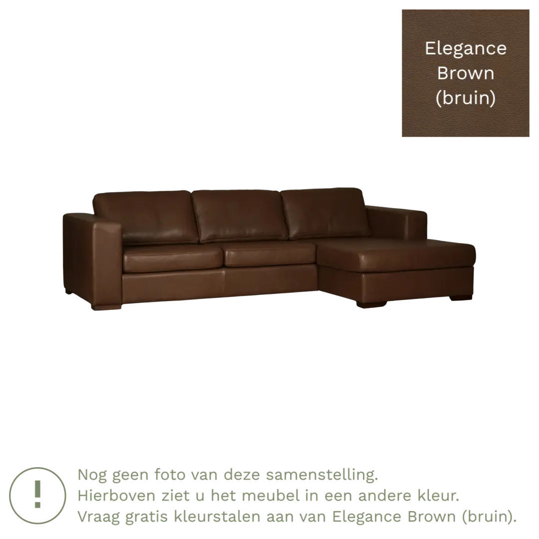 afbeelding van Leren hoekbank Flow - 3 zits arm rechts + longchair links - Elegance Brown (bruin) - Poten hout bruin