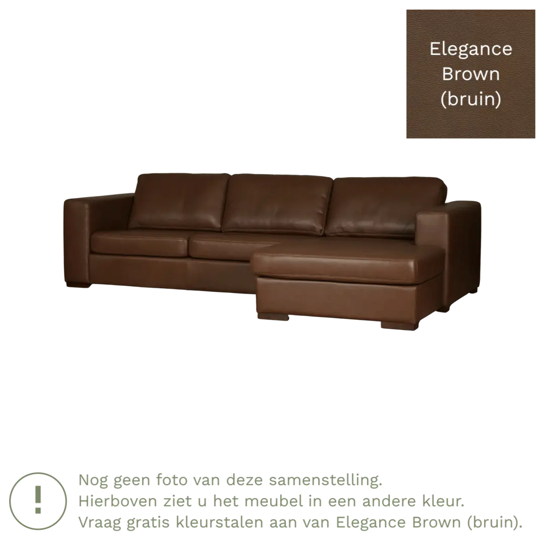 afbeelding van Leren hoekbank Flow - 3 zits arm rechts + longchair links - Elegance Brown (bruin) - Poten hout bruin