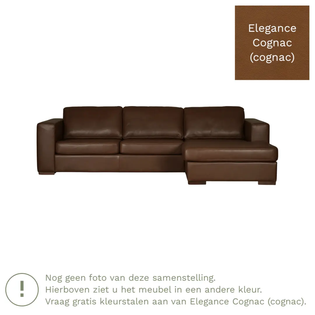 afbeelding van Leren hoekbank Flow - 3 zits arm rechts + longchair links - Elegance Cognac (cognac) - Poten hout bruin