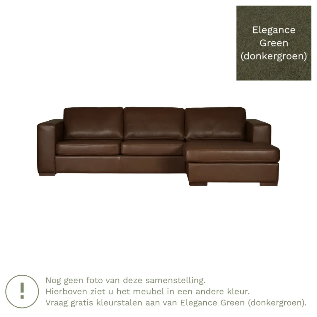 afbeelding van Leren hoekbank Flow - 3 zits arm rechts + longchair links - Elegance Green (donkergroen) - Poten hout bruin