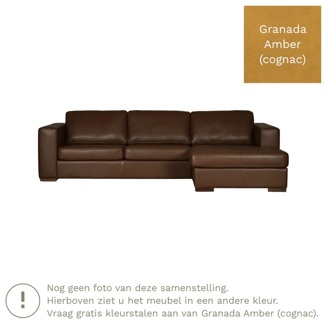 afbeelding van Leren hoekbank Flow - 3 zits arm rechts + longchair links - Granada Amber (cognac) - Poten hout zwart
