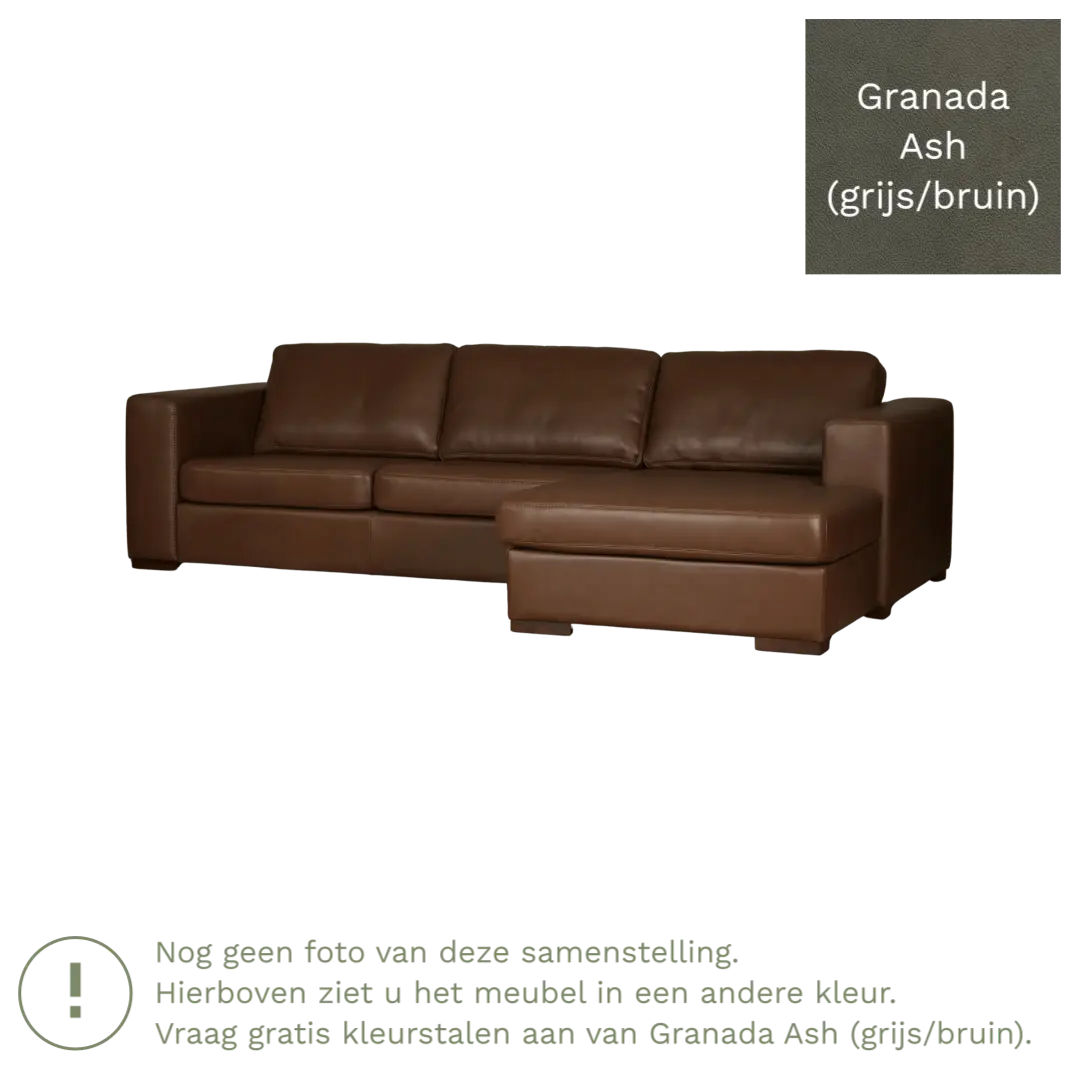 afbeelding van Leren hoekbank Flow - 3 zits arm rechts + longchair links - Granada Ash (grijs/bruin) - Poten hout zwart
