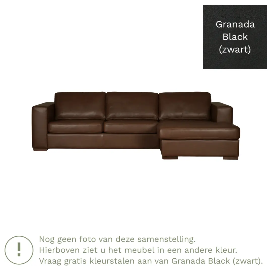 afbeelding van Leren hoekbank Flow - 3 zits arm rechts + longchair links - Granada Black (zwart) - Poten hout bruin