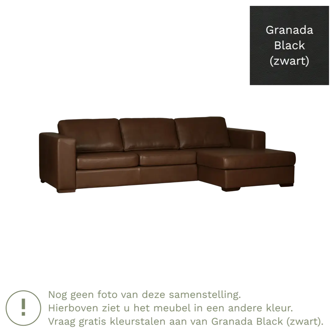 afbeelding van Leren hoekbank Flow - 3 zits arm rechts + longchair links - Granada Black (zwart) - Poten hout zwart