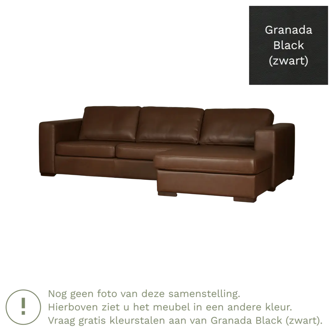 afbeelding van Leren hoekbank Flow - 3 zits arm rechts + longchair links - Granada Black (zwart) - Poten hout zwart