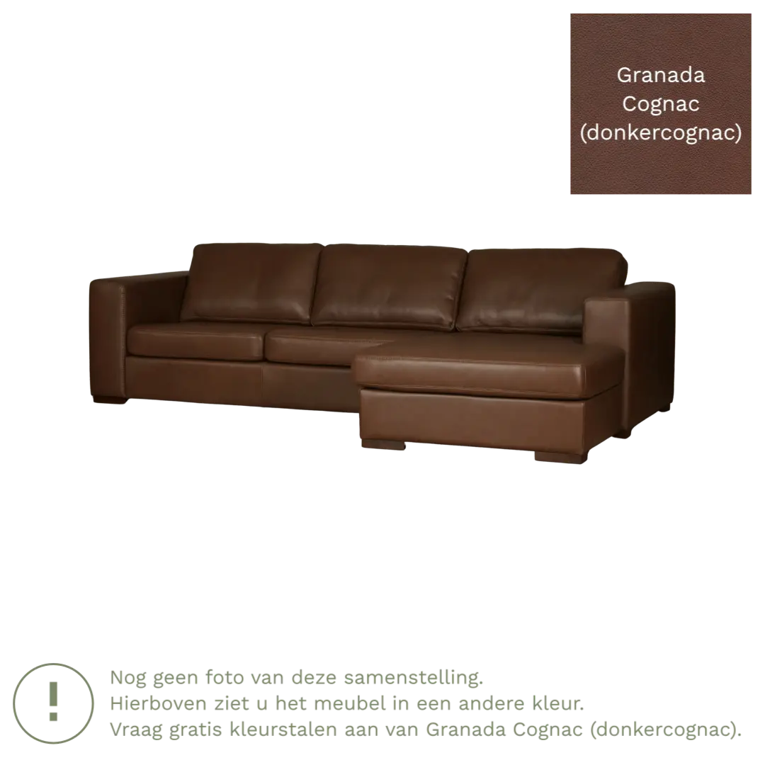 afbeelding van Leren hoekbank Flow - 3 zits arm rechts + longchair links - Granada Cognac (donkercognac) - Poten hout zwart