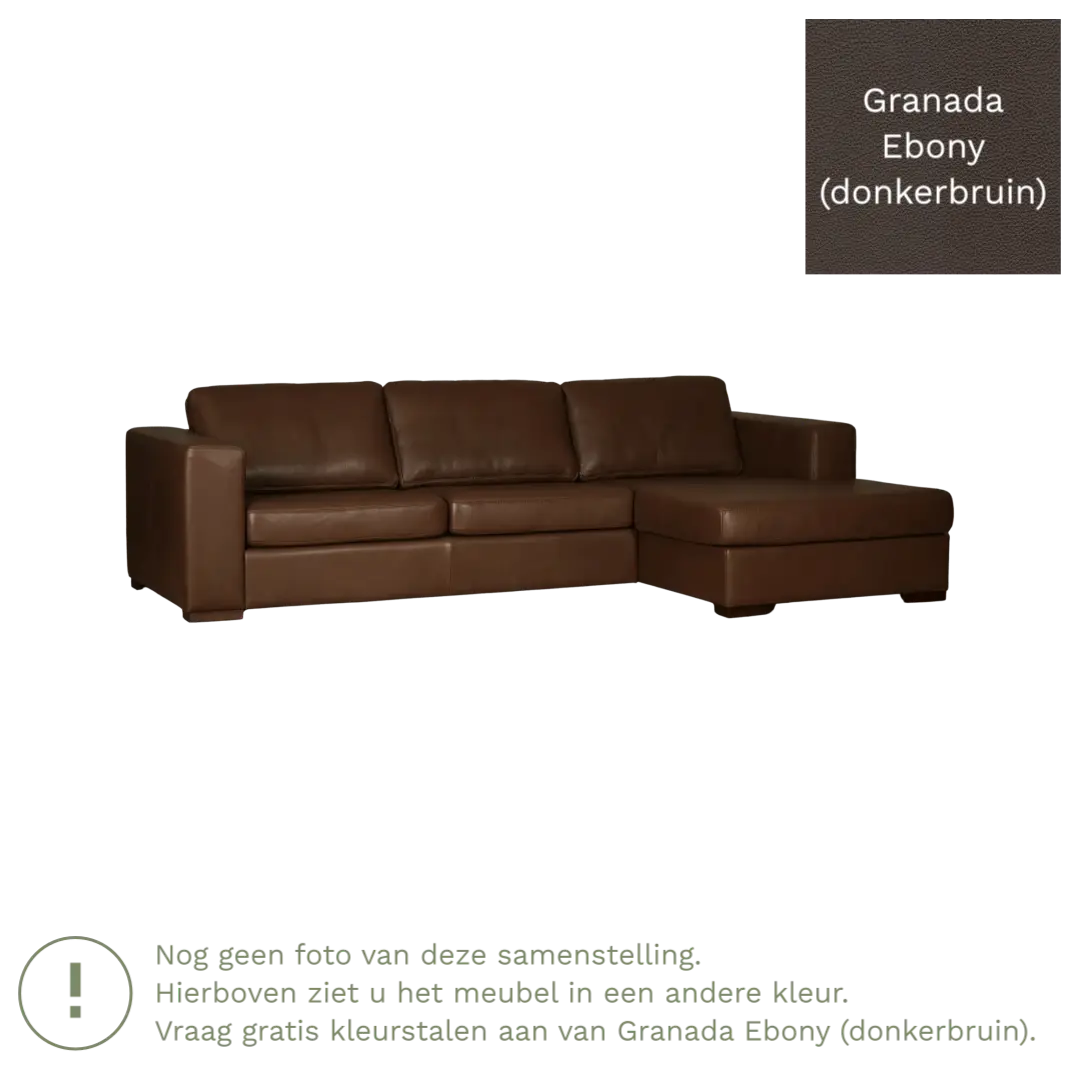 afbeelding van Leren hoekbank Flow - 3 zits arm rechts + longchair links - Granada Ebony (donkerbruin) - Poten hout zwart