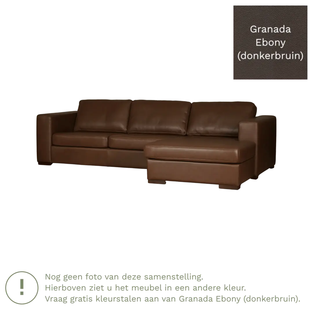 afbeelding van Leren hoekbank Flow - 3 zits arm rechts + longchair links - Granada Ebony (donkerbruin) - Poten hout zwart