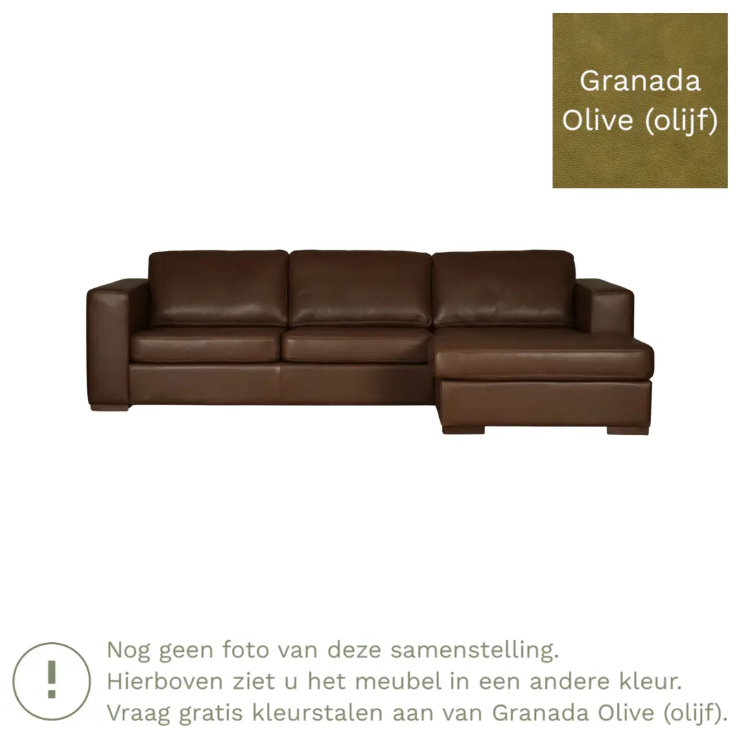 afbeelding van Leren hoekbank Flow - 3 zits arm rechts + longchair links - Granada Olive (olijf) - Poten hout bruin