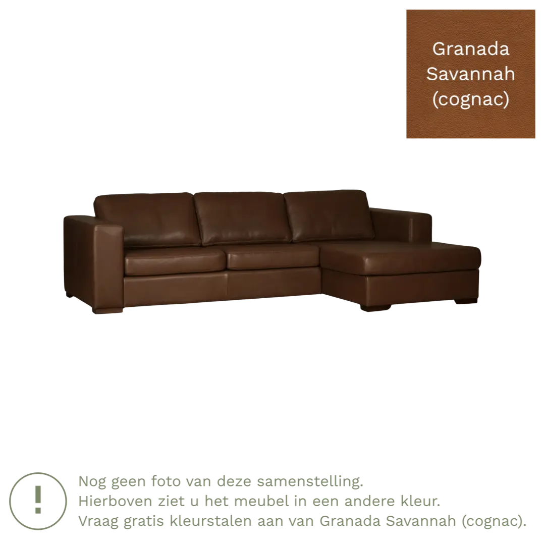 afbeelding van Leren hoekbank Flow - 3 zits arm rechts + longchair links - Granada Savannah (cognac) - Poten hout bruin