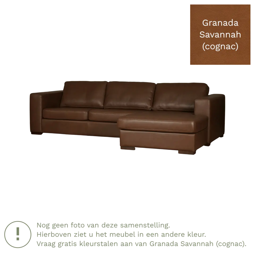 afbeelding van Leren hoekbank Flow - 3 zits arm rechts + longchair links - Granada Savannah (cognac) - Poten hout zwart