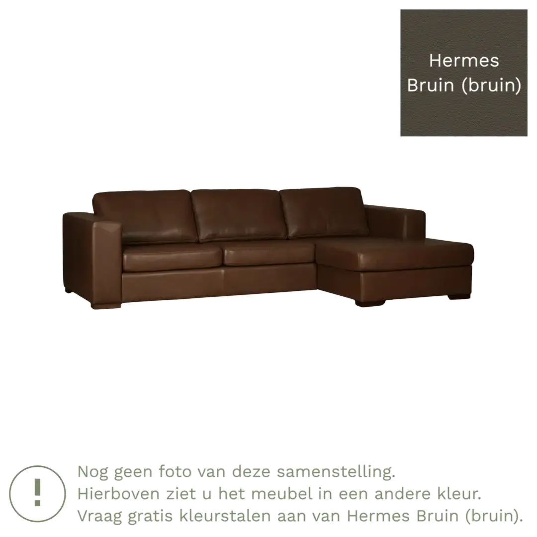 afbeelding van Leren hoekbank Flow - 3 zits arm rechts + longchair links - Hermes Bruin (bruin) - Poten hout bruin