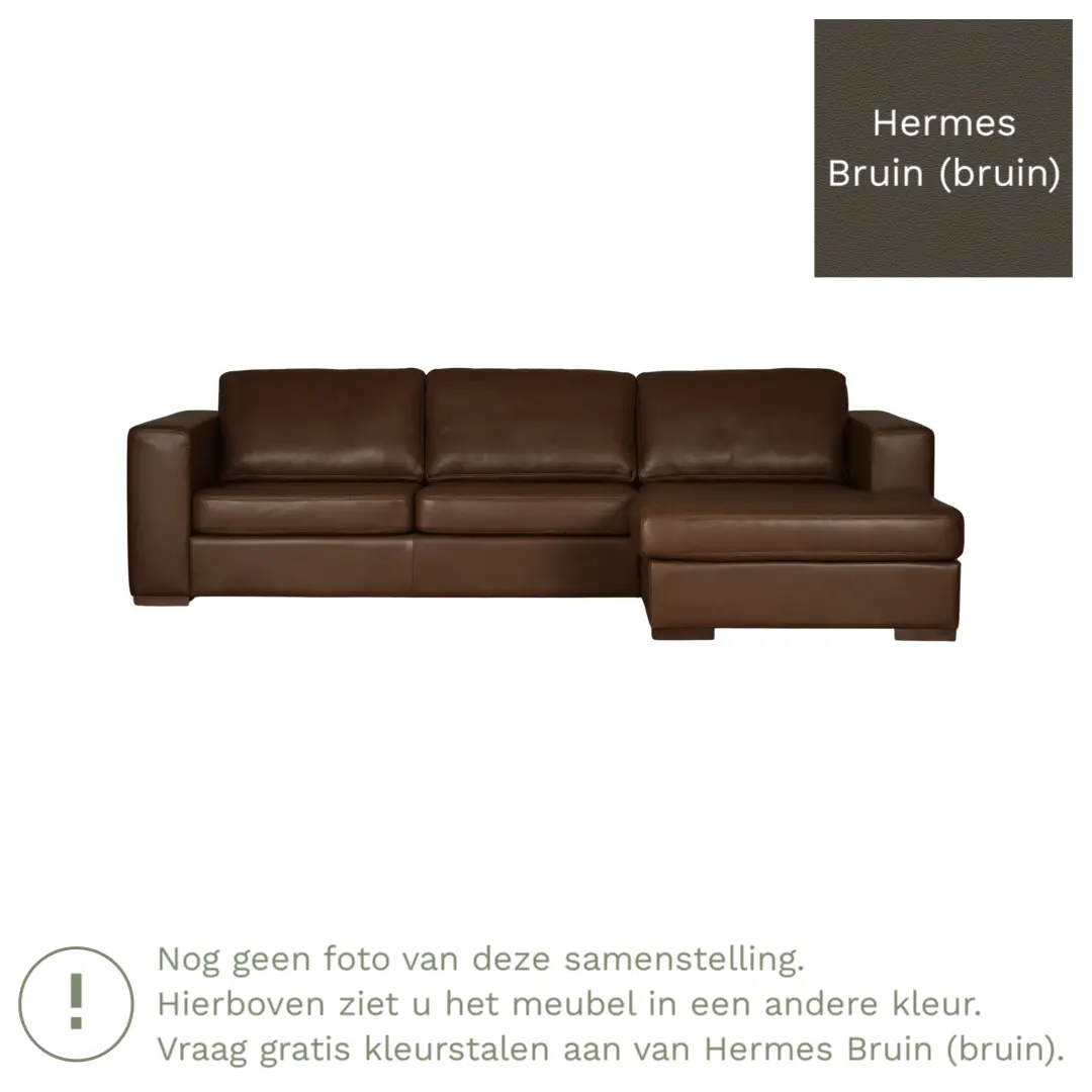 afbeelding van Leren hoekbank Flow - 3 zits arm rechts + longchair links - Hermes Bruin (bruin) - Poten hout zwart