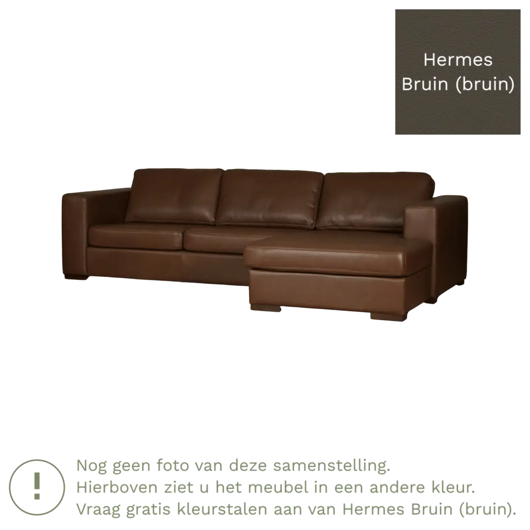 afbeelding van Leren hoekbank Flow - 3 zits arm rechts + longchair links - Hermes Bruin (bruin) - Poten hout zwart