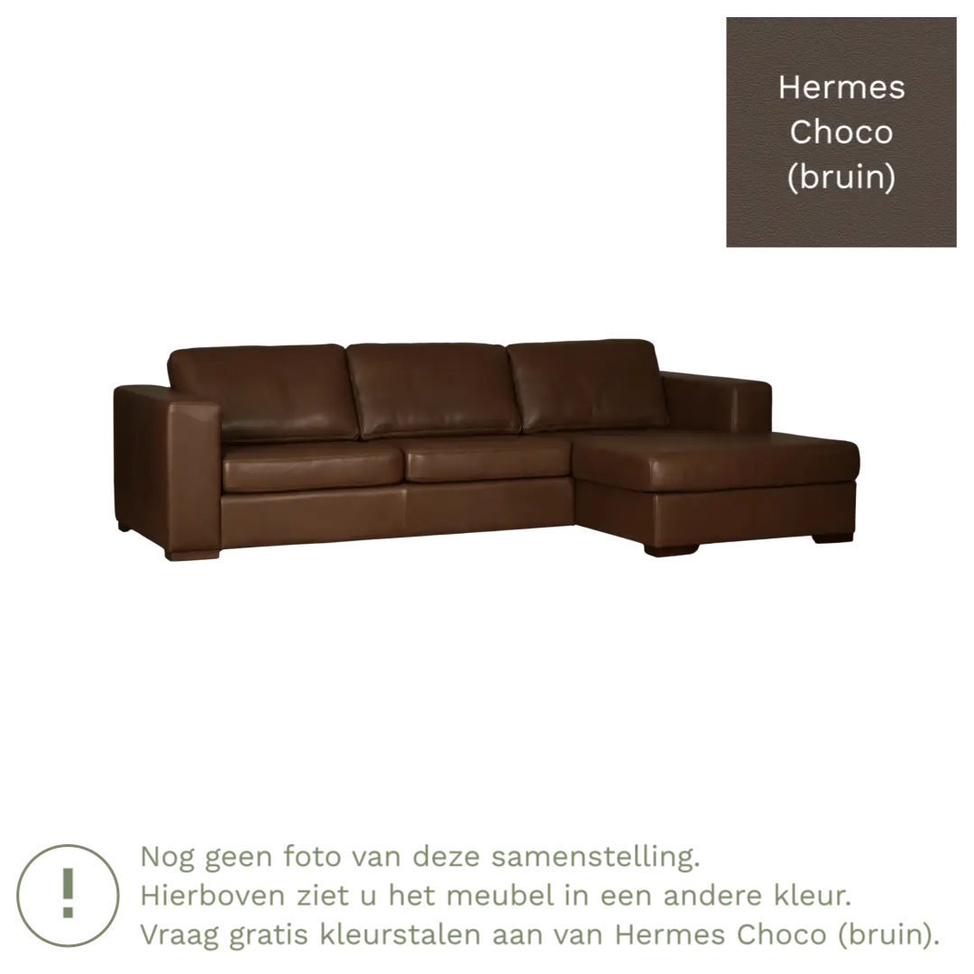 afbeelding van Leren hoekbank Flow - 3 zits arm rechts + longchair links - Hermes Choco (bruin) - Poten hout bruin