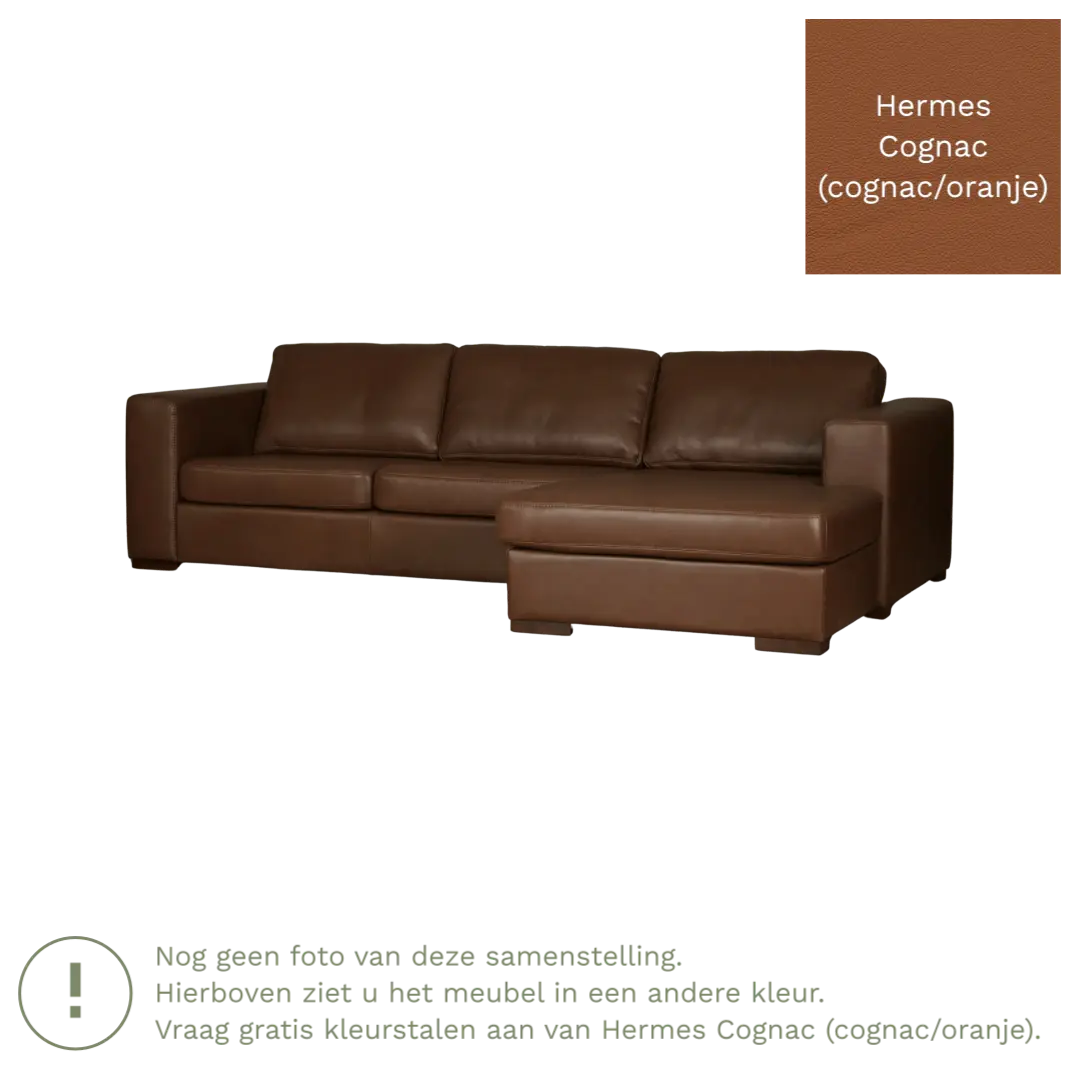 afbeelding van Leren hoekbank Flow - 3 zits arm rechts + longchair links - Hermes Cognac (cognac/oranje) - Poten hout zwart