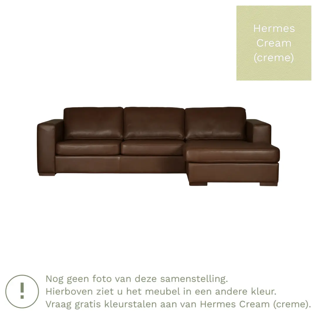 afbeelding van Leren hoekbank Flow - 3 zits arm rechts + longchair links - Hermes Cream (crème) - Poten hout bruin