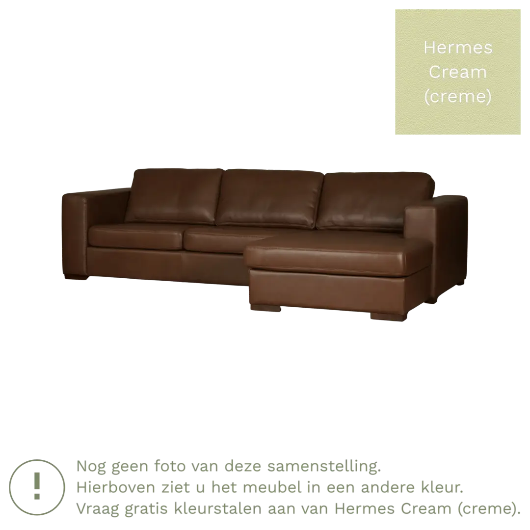 afbeelding van Leren hoekbank Flow - 3 zits arm rechts + longchair links - Hermes Cream (crème) - Poten hout zwart