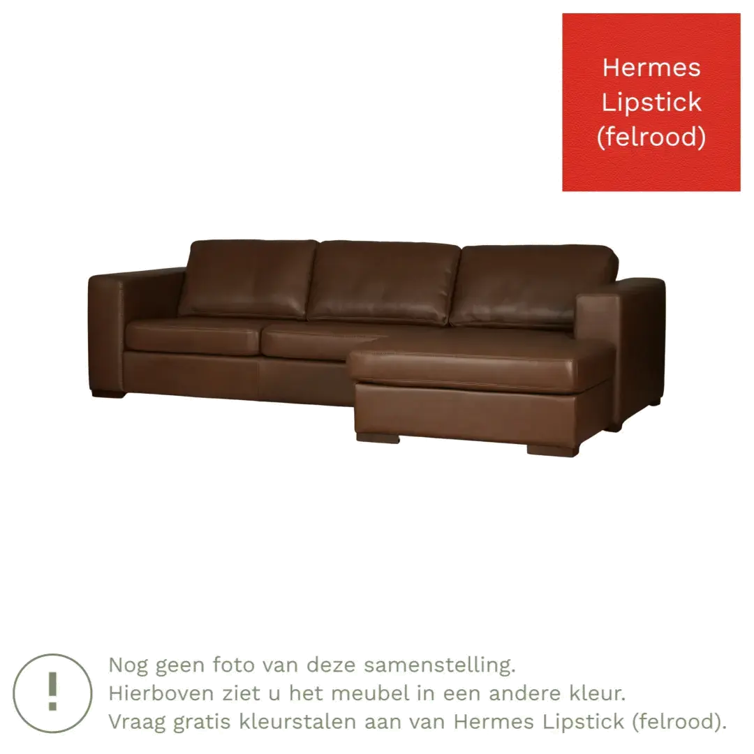 afbeelding van Leren hoekbank Flow - 3 zits arm rechts + longchair links - Hermes Lipstick (felrood) - Poten hout bruin