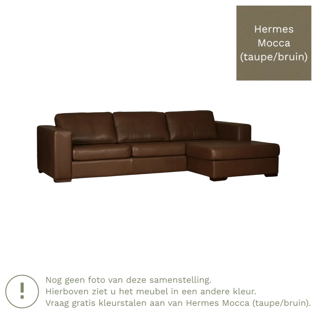 afbeelding van Leren hoekbank Flow - 3 zits arm rechts + longchair links - Hermes Mocca (taupe/bruin) - Poten hout bruin