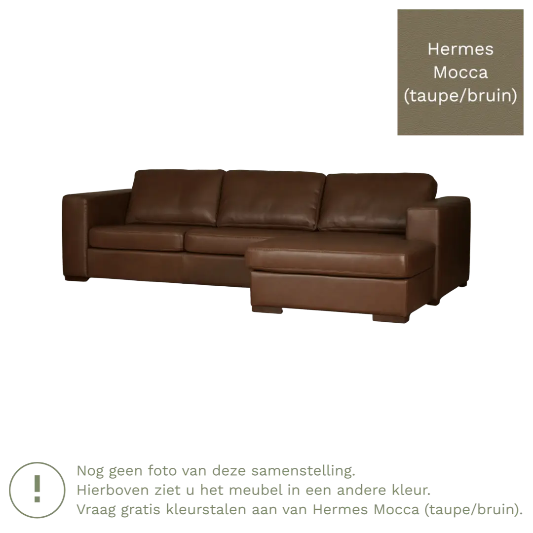 afbeelding van Leren hoekbank Flow - 3 zits arm rechts + longchair links - Hermes Mocca (taupe/bruin) - Poten hout bruin