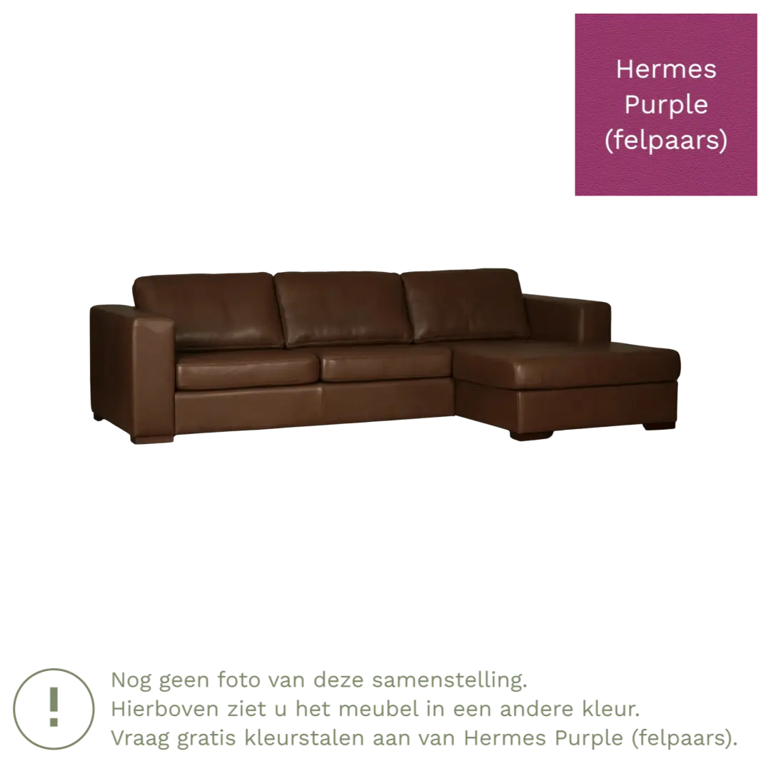 afbeelding van Leren hoekbank Flow - 3 zits arm rechts + longchair links - Hermes Purple (felpaars) - Poten hout bruin