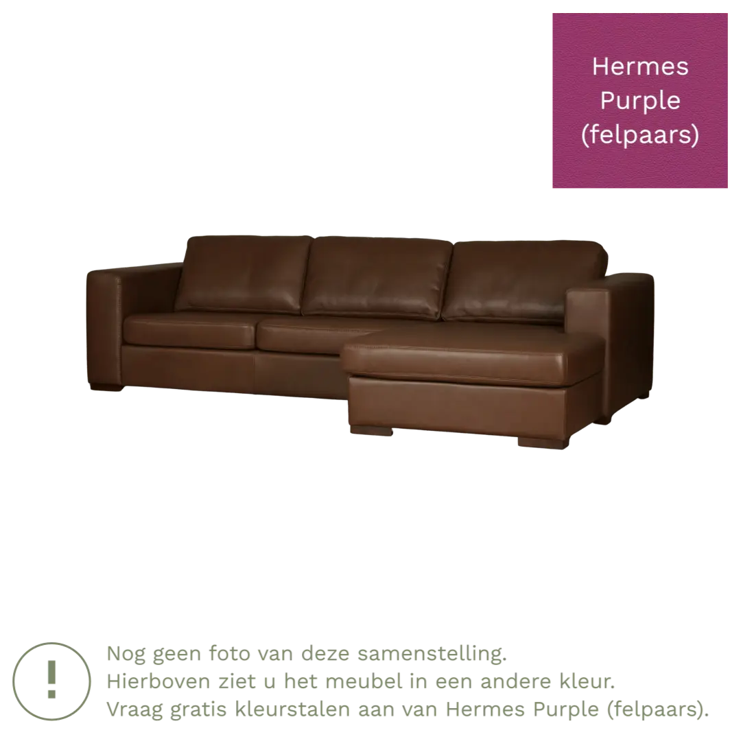 afbeelding van Leren hoekbank Flow - 3 zits arm rechts + longchair links - Hermes Purple (felpaars) - Poten hout bruin