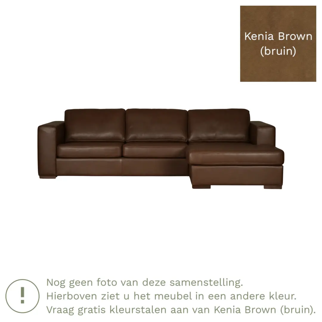 afbeelding van Leren hoekbank Flow - 3 zits arm rechts + longchair links - Kenia Brown (bruin) - Poten hout zwart