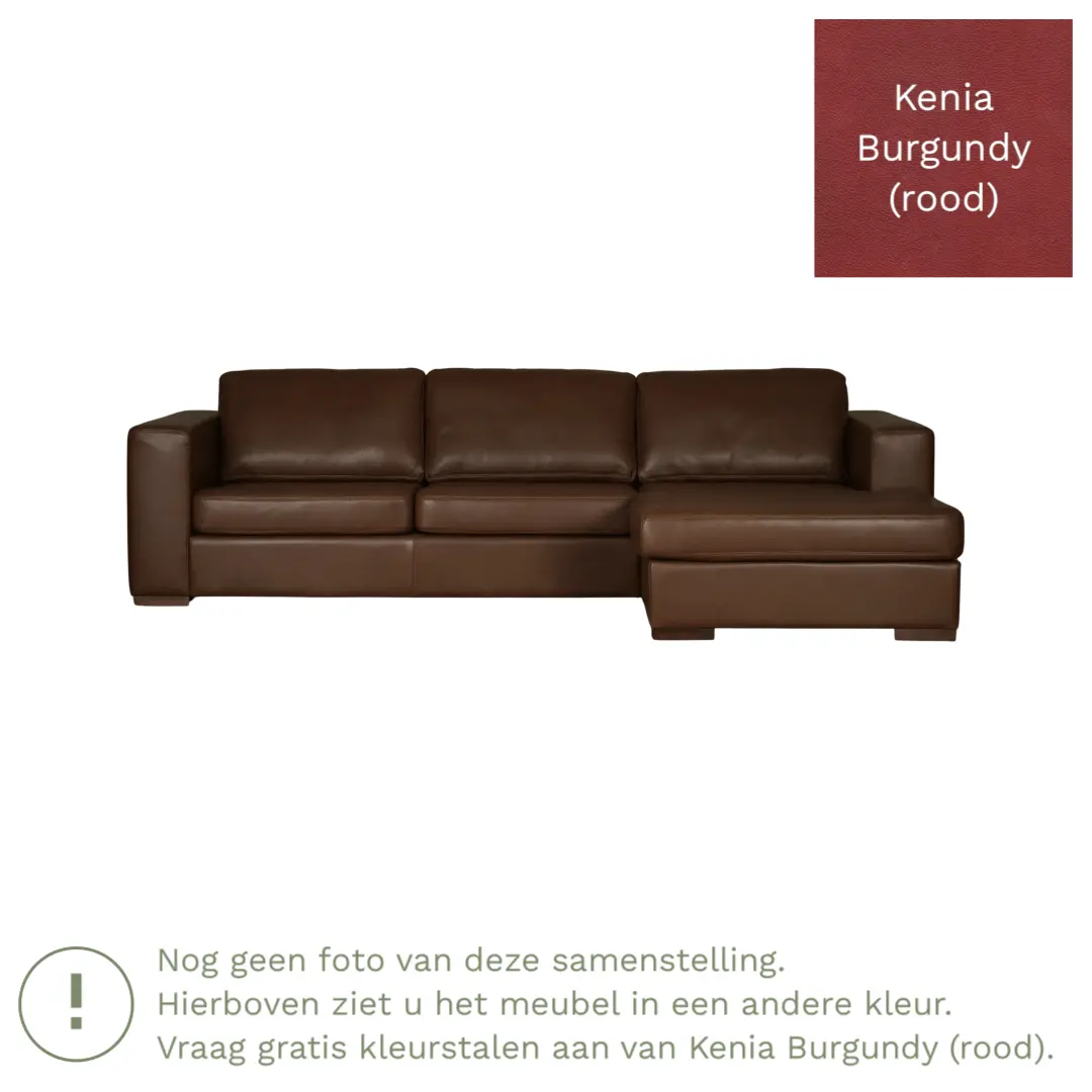 afbeelding van Leren hoekbank Flow - 3 zits arm rechts + longchair links - Kenia Burgundy (rood) - Poten hout zwart