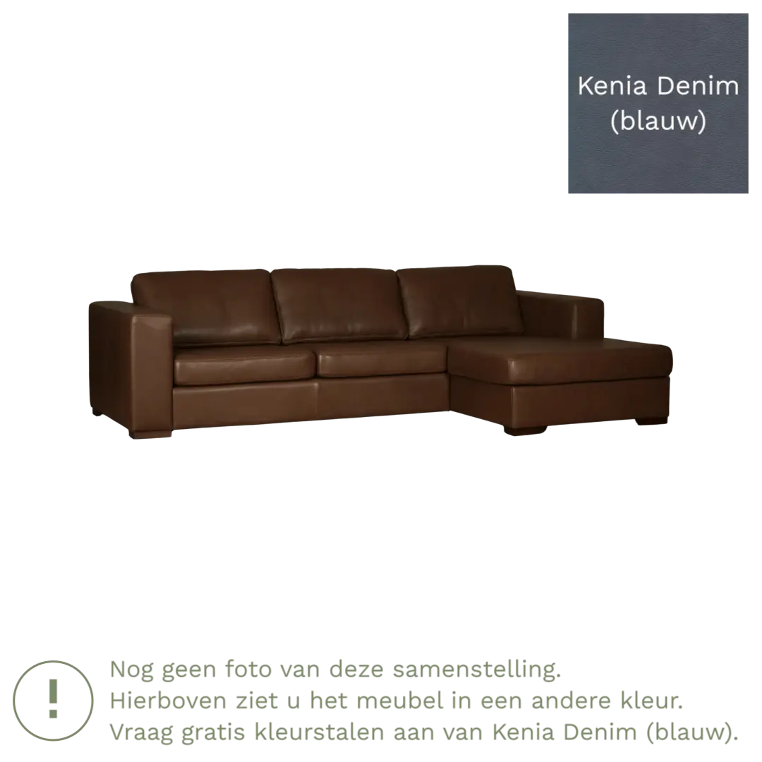 afbeelding van Leren hoekbank Flow - 3 zits arm rechts + longchair links - Kenia Denim (blauw) - Poten hout bruin