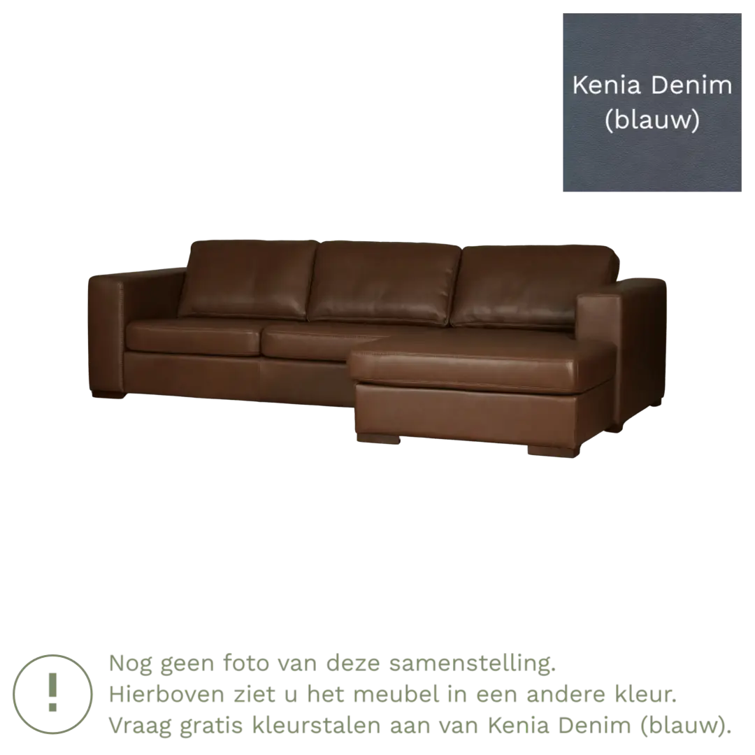 afbeelding van Leren hoekbank Flow - 3 zits arm rechts + longchair links - Kenia Denim (blauw) - Poten hout bruin