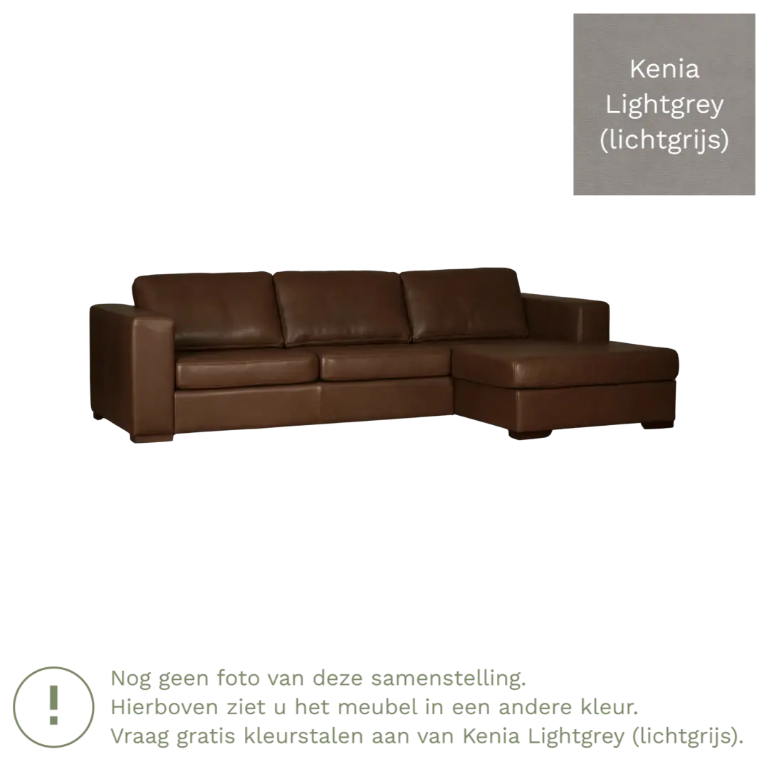 afbeelding van Leren hoekbank Flow - 3 zits arm rechts + longchair links - Kenia Lightgrey (lichtgrijs) - Poten hout zwart