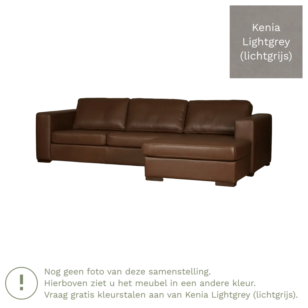 afbeelding van Leren hoekbank Flow - 3 zits arm rechts + longchair links - Kenia Lightgrey (lichtgrijs) - Poten hout zwart