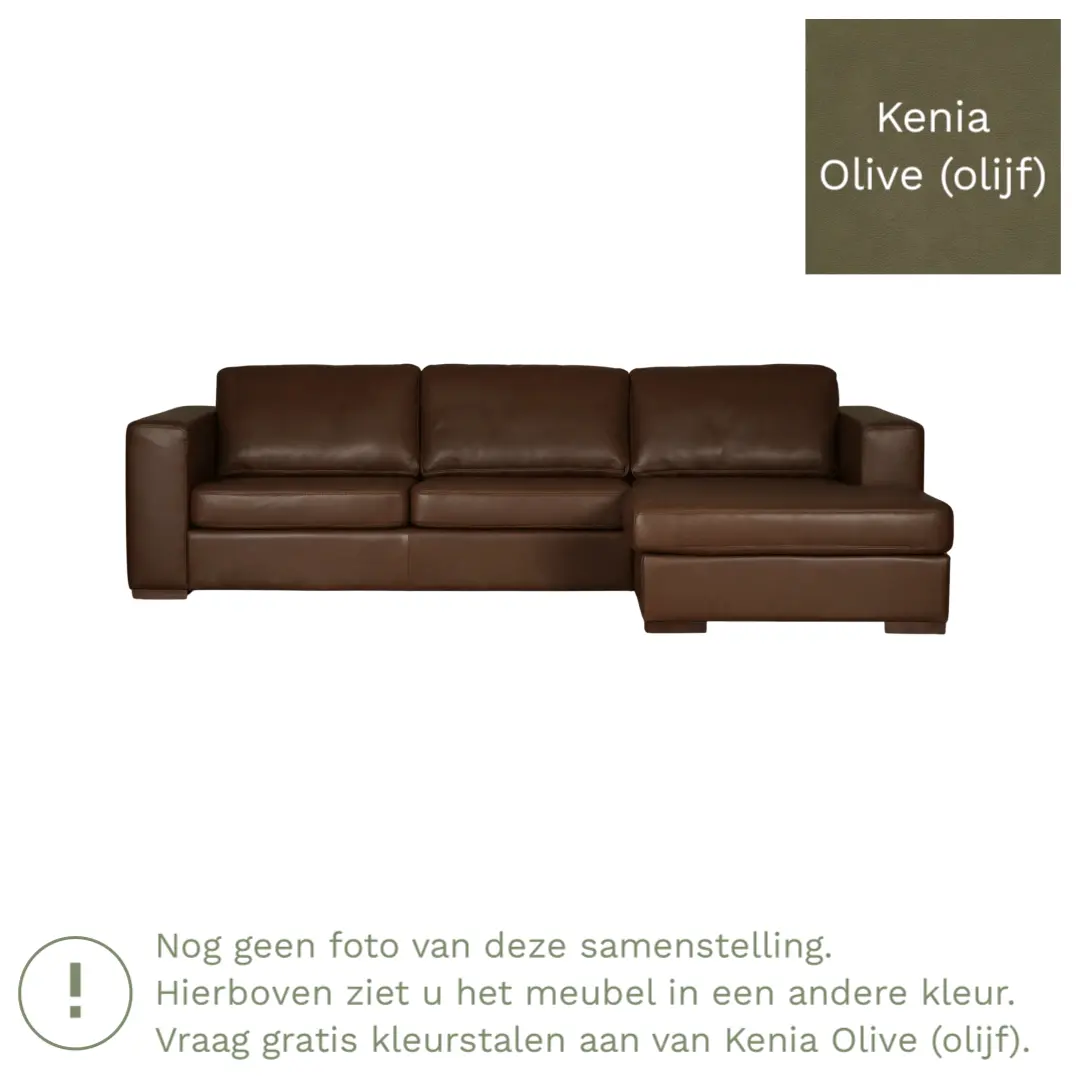 afbeelding van Leren hoekbank Flow - 3 zits arm rechts + longchair links - Kenia Olive (olijf) - Poten hout bruin