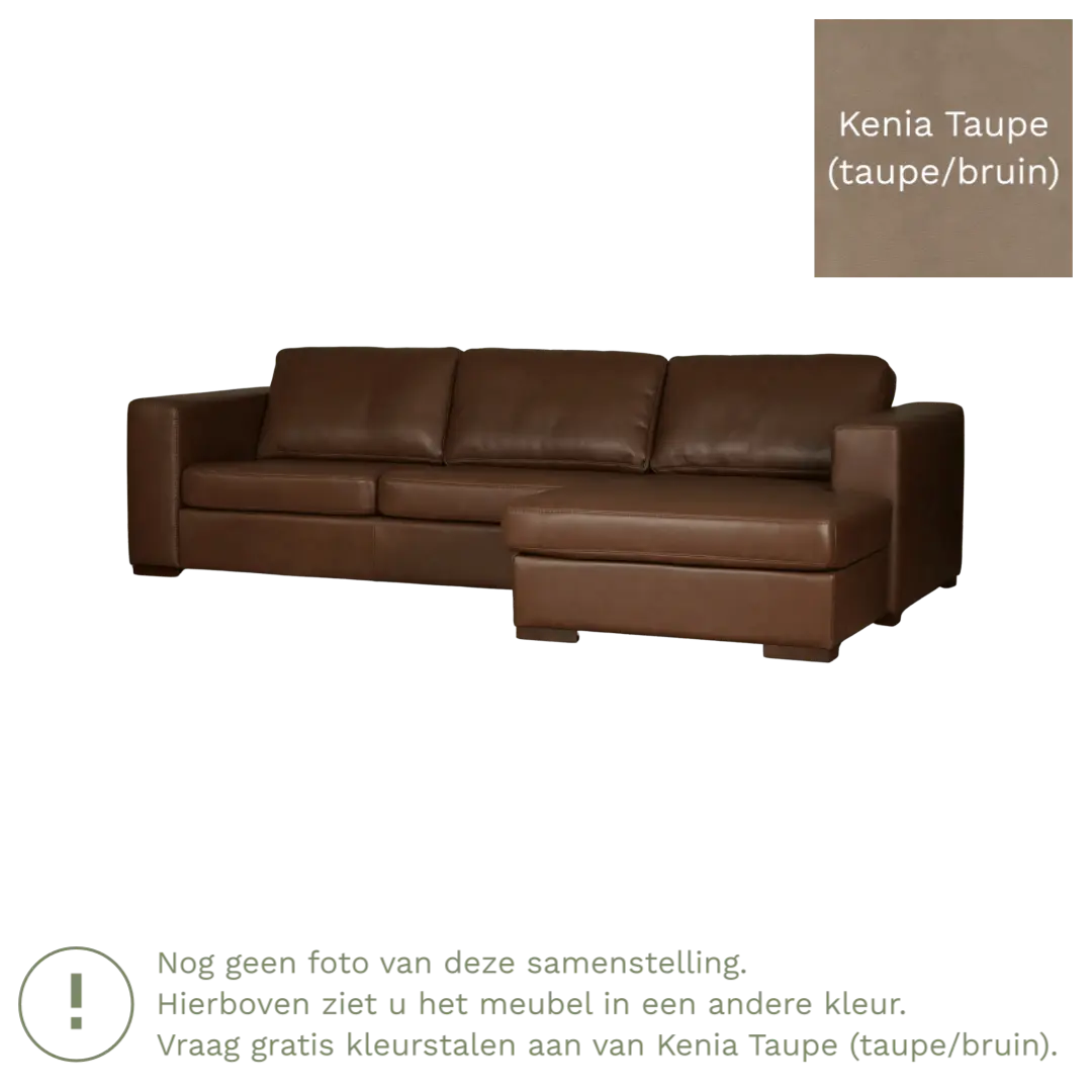 afbeelding van Leren hoekbank Flow - 3 zits arm rechts + longchair links - Kenia Taupe (taupe/bruin) - Poten hout zwart