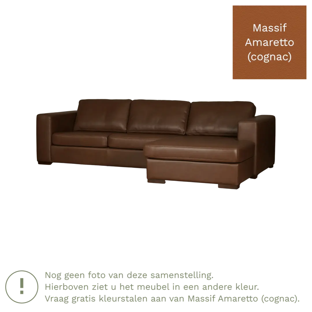 afbeelding van Leren hoekbank Flow - 3 zits arm rechts + longchair links - Massif Amaretto (cognac) - Poten hout bruin