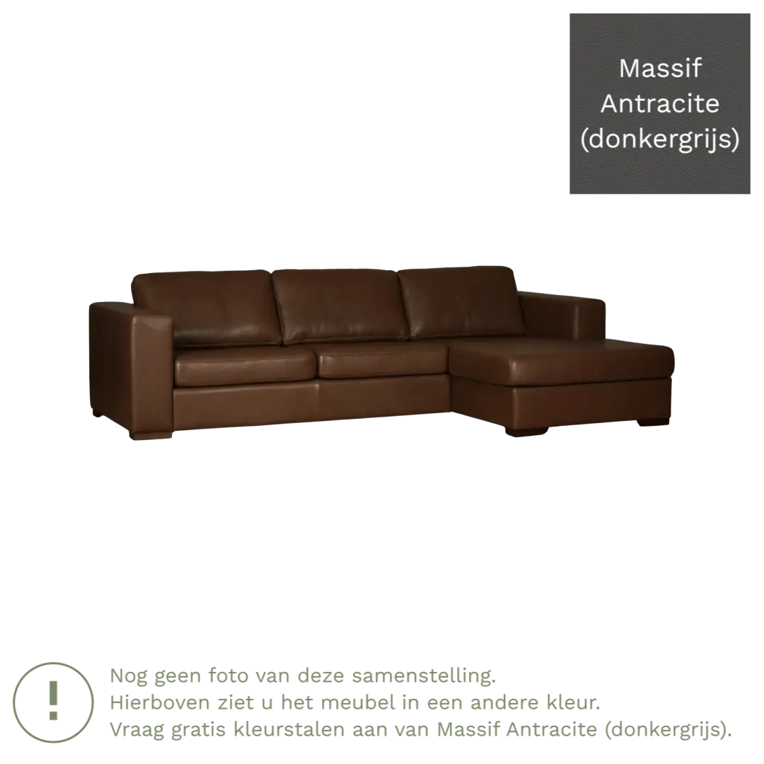 afbeelding van Leren hoekbank Flow - 3 zits arm rechts + longchair links - Massif Antracite (donkergrijs) - Poten hout zwart