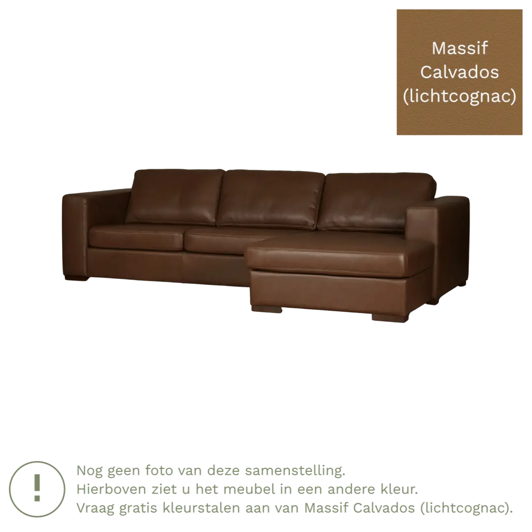 afbeelding van Leren hoekbank Flow - 3 zits arm rechts + longchair links - Massif Calvados (lichtcognac) - Poten hout bruin