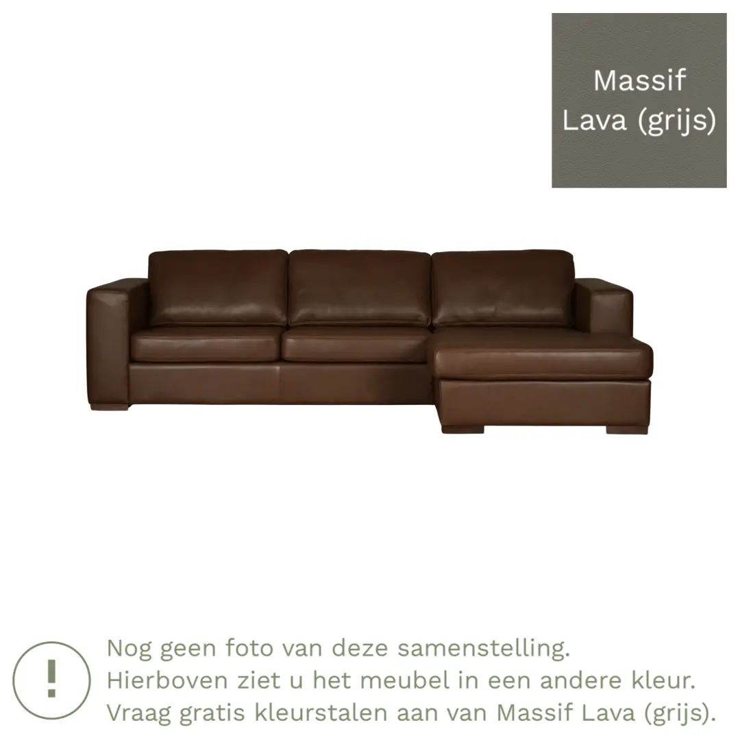afbeelding van Leren hoekbank Flow - 3 zits arm rechts + longchair links - Massif Lava (grijs) - Poten hout bruin